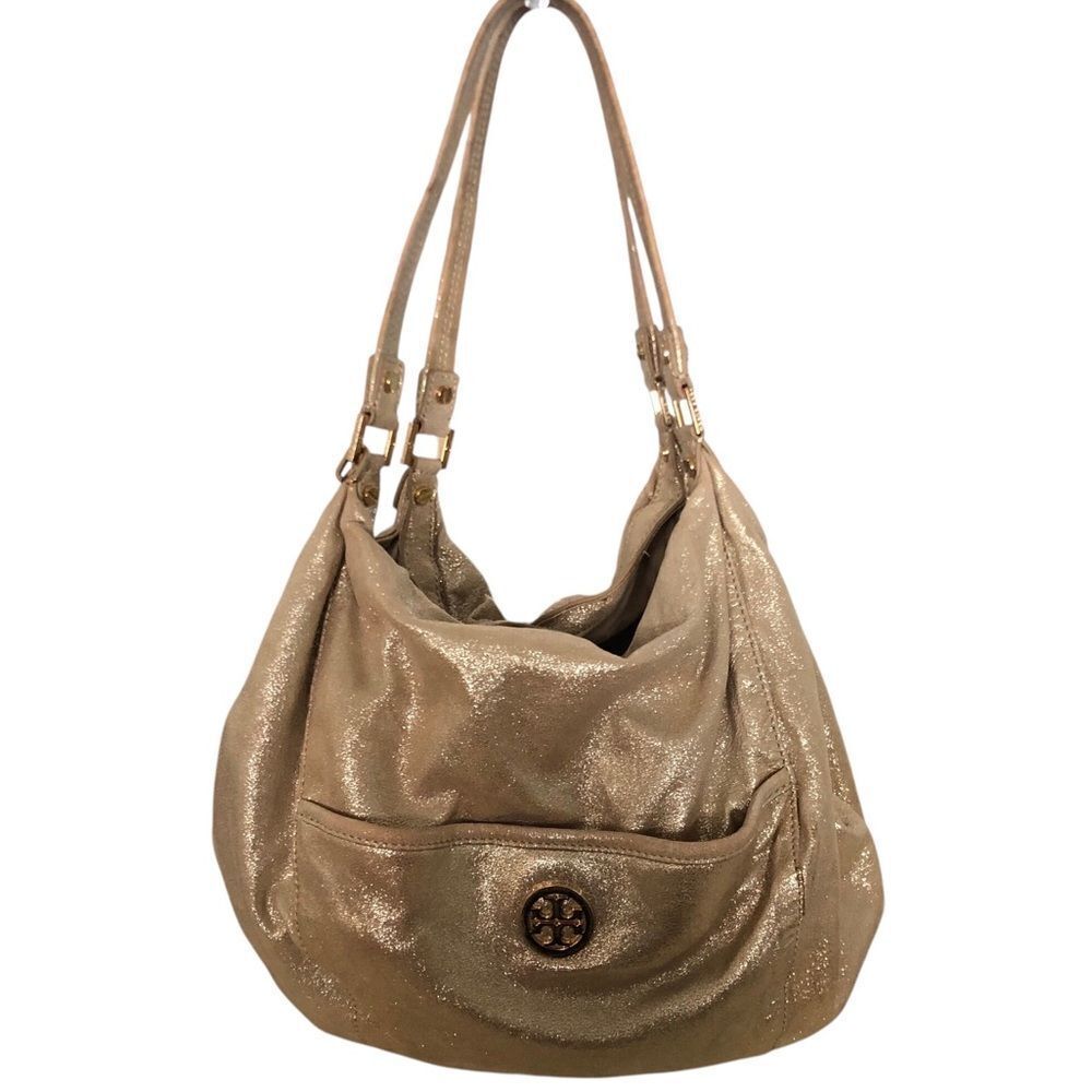 Tory Burch Lotus Metallic Gold Leather Suede Hobo Shoulder Bag